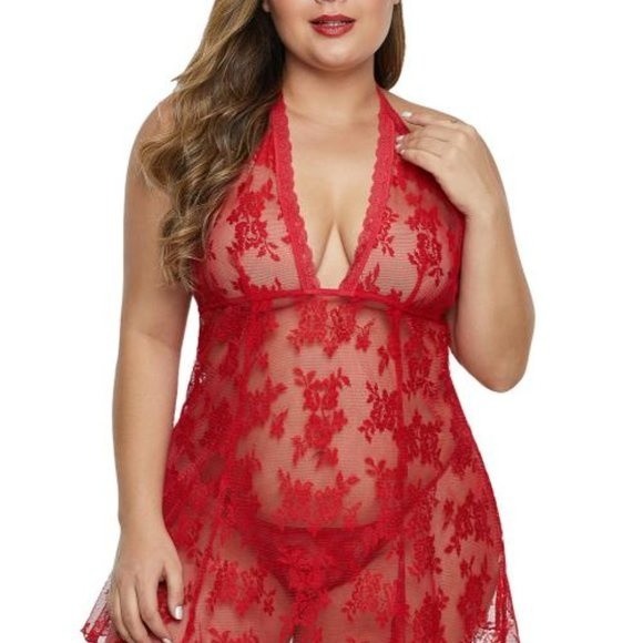 Red Open Back Floral Lace Lingerie - Picture 5 of 6